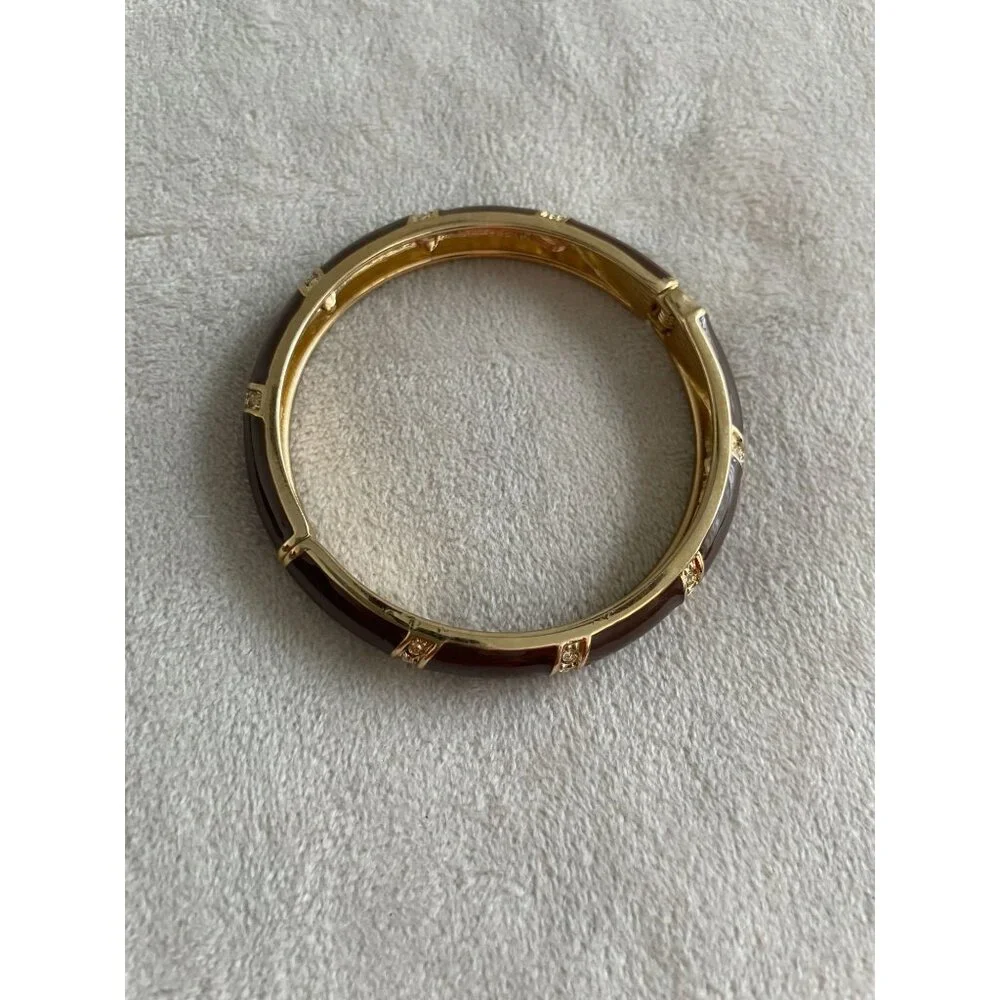 Vintage Brown & Gold-Tone Hinged Bracelet With Rhinestone Accents - Picture 2 of 2